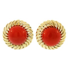 "Ox Blood" Coral and Gold Earclips