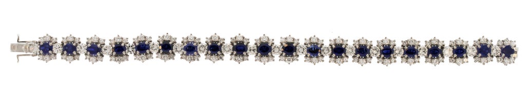 A classic look, this sapphire and diamond bracelet features approximately 10.00 carats of sapphires and 11.00 carats of diamonds.  Either worn alone or with stacks of bracelets, this jewel is well made and timeless.

Details:
18k white gold