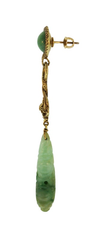Gold and Carved Jade Pendant-Earrings