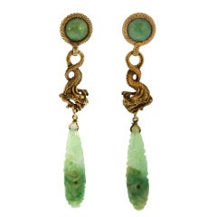 Gold and Carved Jade Pendant-Earrings