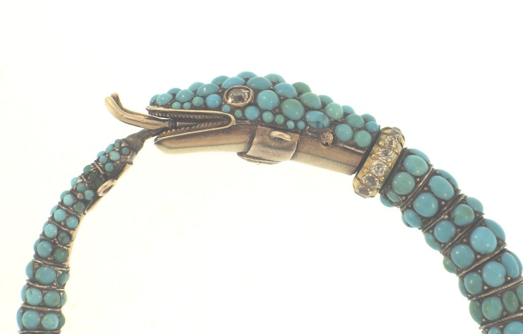 Turquoise and Diamond Snake Bracelet, Late 19th Century In Good Condition In Atlanta, GA