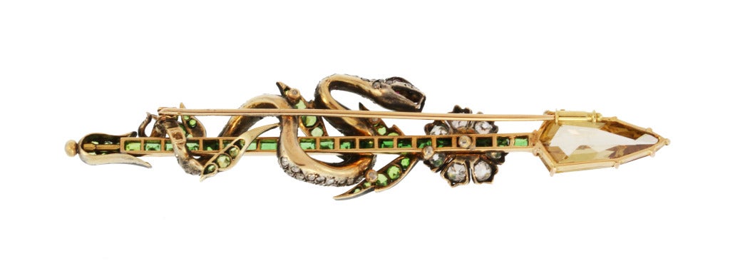 Rare 'Arrow Head' Fancy Colored Diamond and Demantoid Garnet Pin