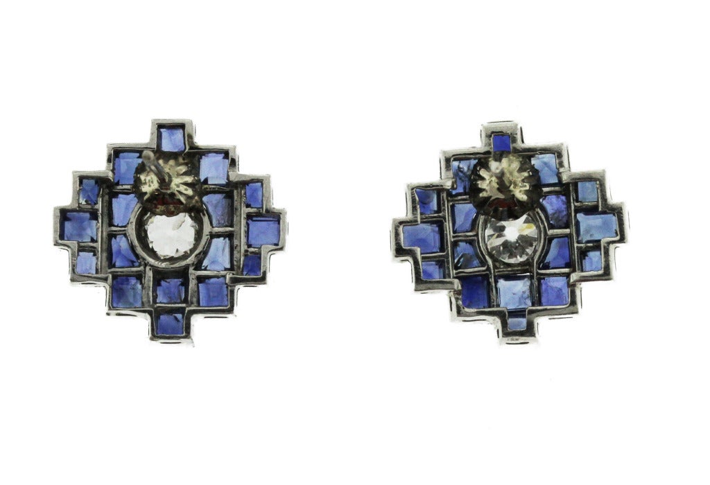 Art Deco Platinum Sapphire and Diamond Earrings In Good Condition In Atlanta, GA