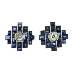 Antique Art Deco Platinum Sapphire and Diamond Earrings