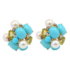 Turquoise Cultured Pearl Colored Stone Diamond Earclips
