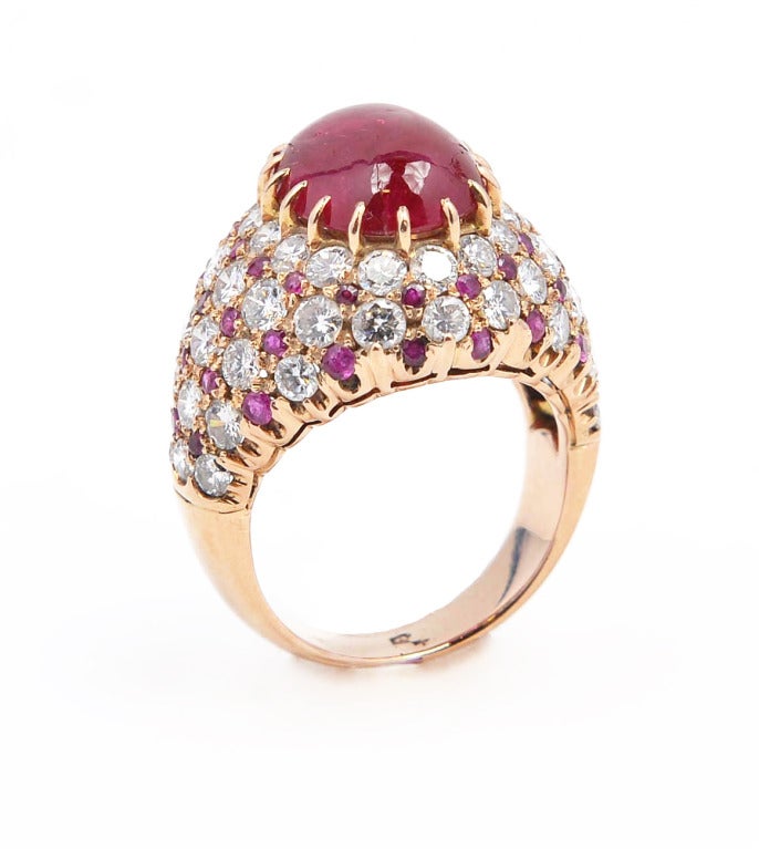 Unheated Burma Ruby, Diamond and Gold Bombe Ring