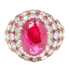 Unheated Burma Ruby, Diamond and Gold Bombe Ring