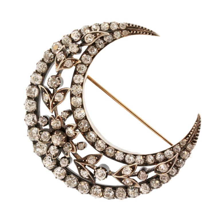 Antique Silver-Topped Diamond Gold Crescent Brooch