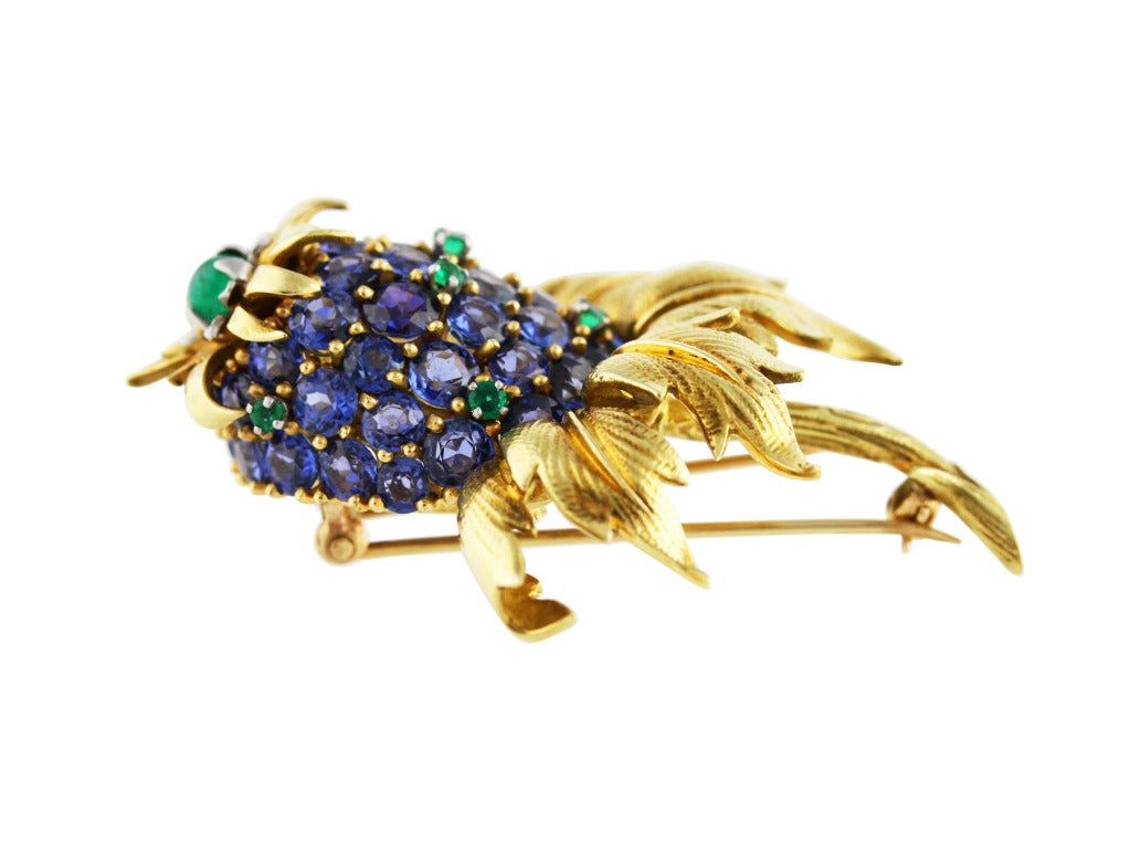 1960s Schlumberger Sapphire and Emerald 'Thistle' Brooch In Excellent Condition In Atlanta, GA