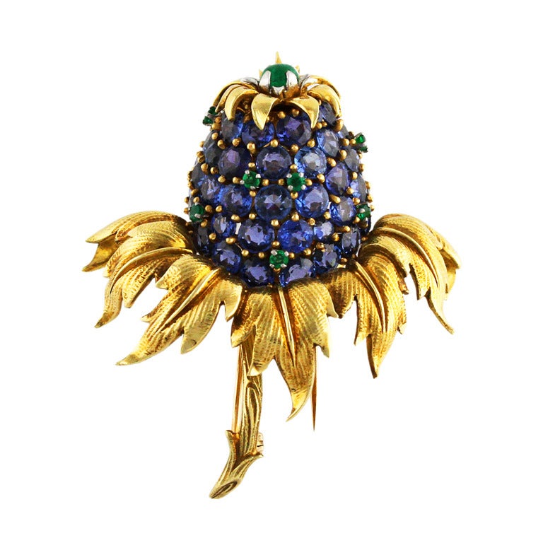 1960s Schlumberger Sapphire and Emerald 'Thistle' Brooch