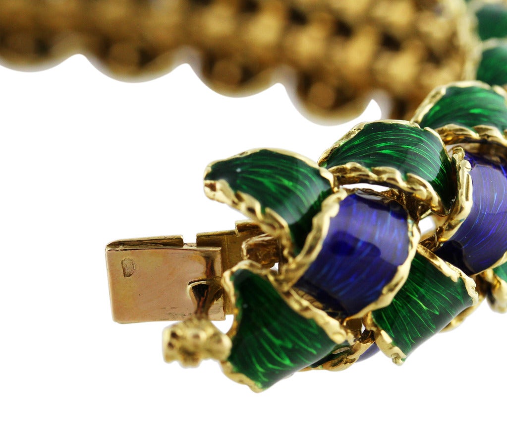 Tiffany Schlumberger 1960s Peacock Enamel and Gold Bracelet 2
