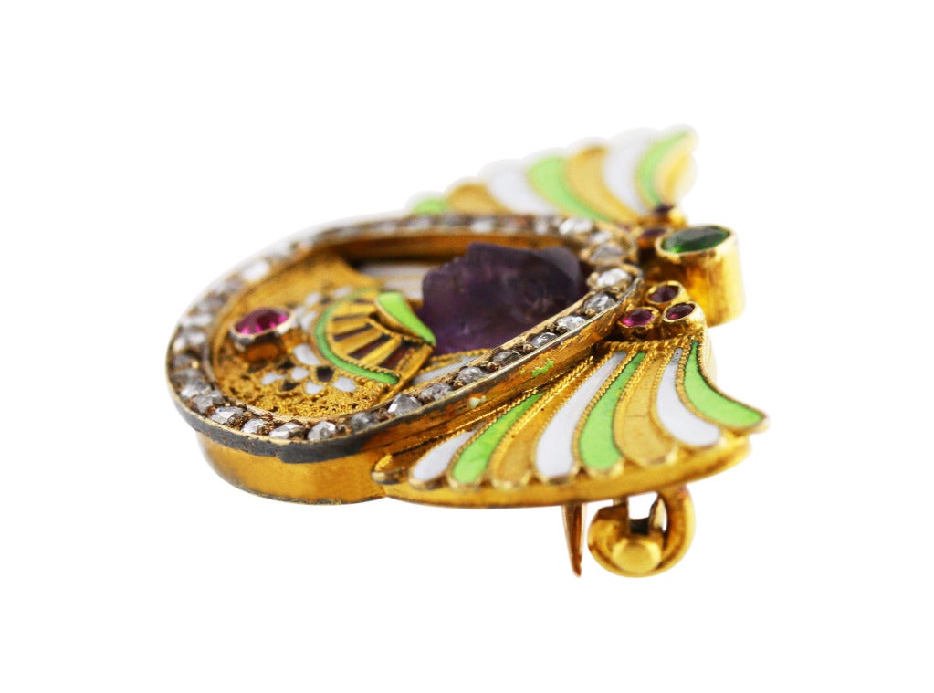 Women's Egyptian Revival Carved Amethyst and Gem-Set Brooch