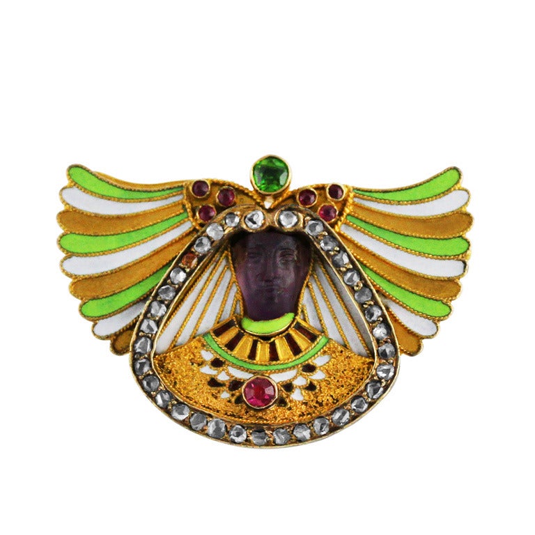 Egyptian Revival Carved Amethyst and Gem-Set Brooch