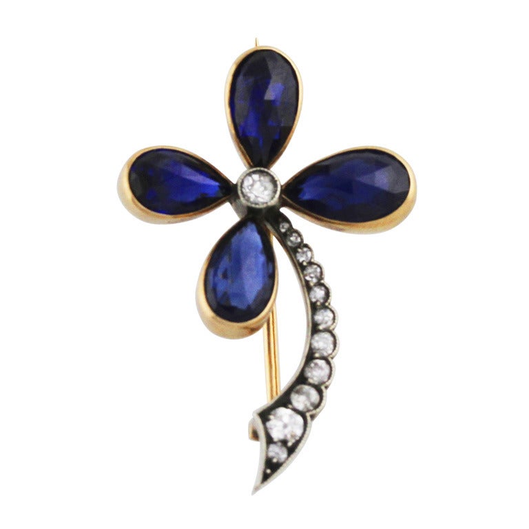 Late 19th Century Sapphire and Diamond Flower Brooch
