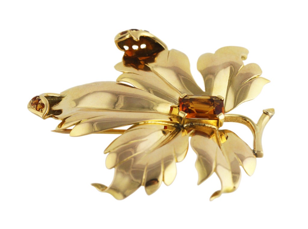 Retro French 1940s Citrine and Gold Flower Brooch