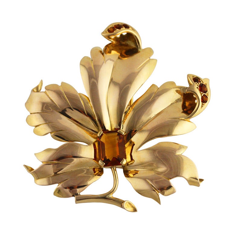 French 1940s Citrine and Gold Flower Brooch