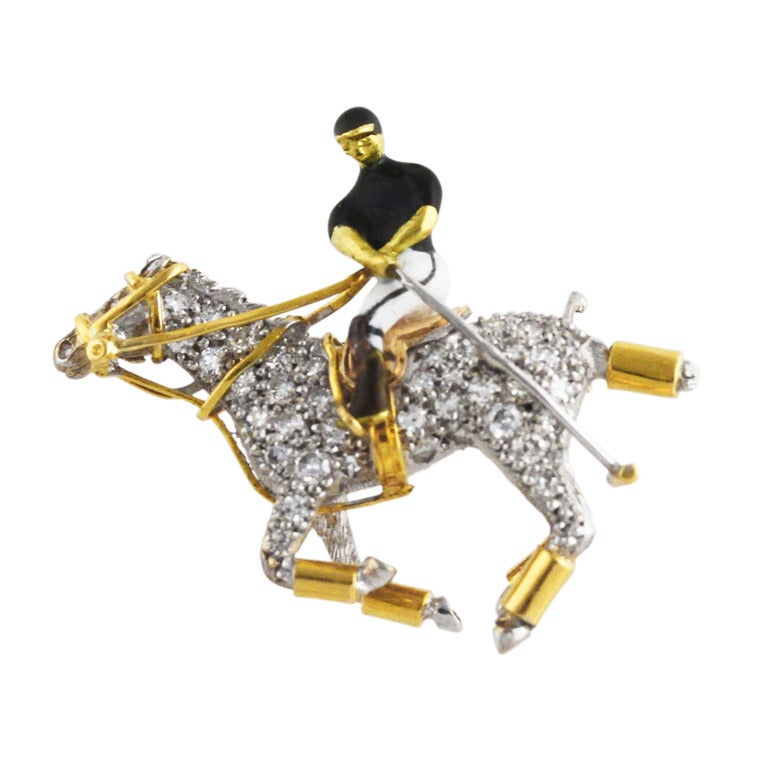 English Equestrian Enamel Diamond Pin by A&W