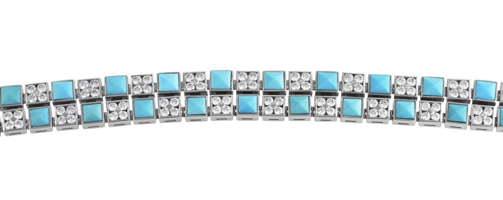 18 Karat White Gold, Turquoise and Diamond Necklace by Picchiotti, designed as numerous square links variously set with faceted turquoise segments, and numerous round diamonds weighing approximately 8.50 carats, gross weight 96.5 grams, length 14