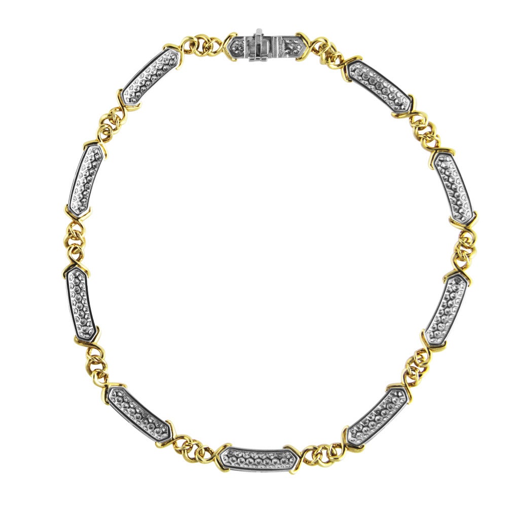 18 Karat Gold, Platinum and Diamond Necklace by Tiffany & Co., designed as rectangular links pave-set with numerous round diamonds weighing approximately 15.00 carats, connected by polished yellow gold links, gross weight 71.3 grams, length 16 1/4