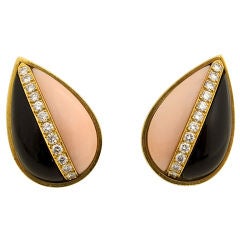 Coral, Onyx and Diamond Earrings