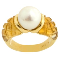 Pearl and Carved Citrine Gold Ring Signed Fred