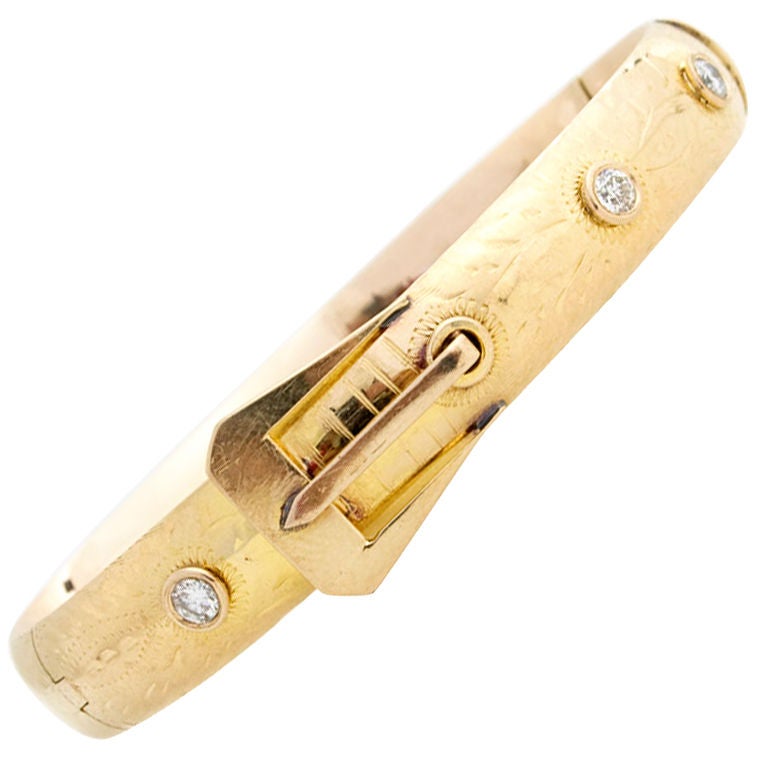 1920s Harpnow Diamond Gold Buckle Bangle Bracelet