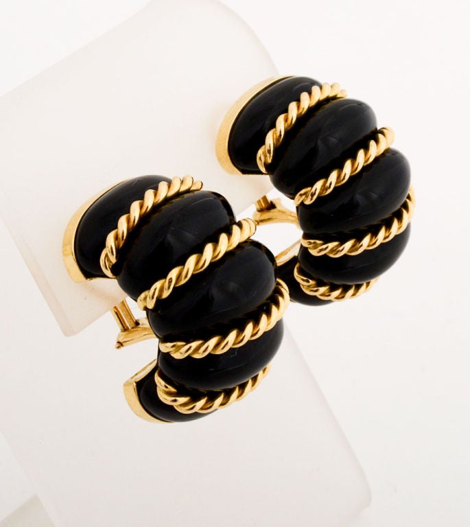 Classic Seaman Schepps Shrimp Earrings. These are onyx with twisted gold; made in the 1980's. Measure 1