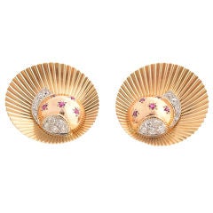 Gold Vintage Earrings with Rubies and Diamonds