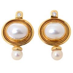 Elizabeth Gage Pearl and Diamond Earrings