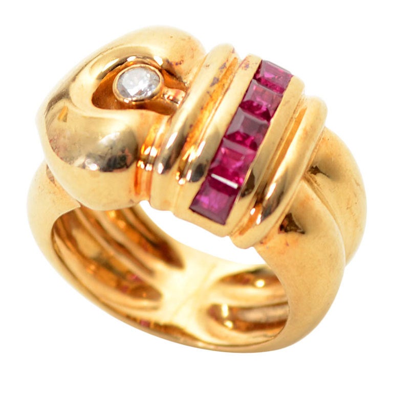 Ruby Diamond Gold Buckle Ring For Sale