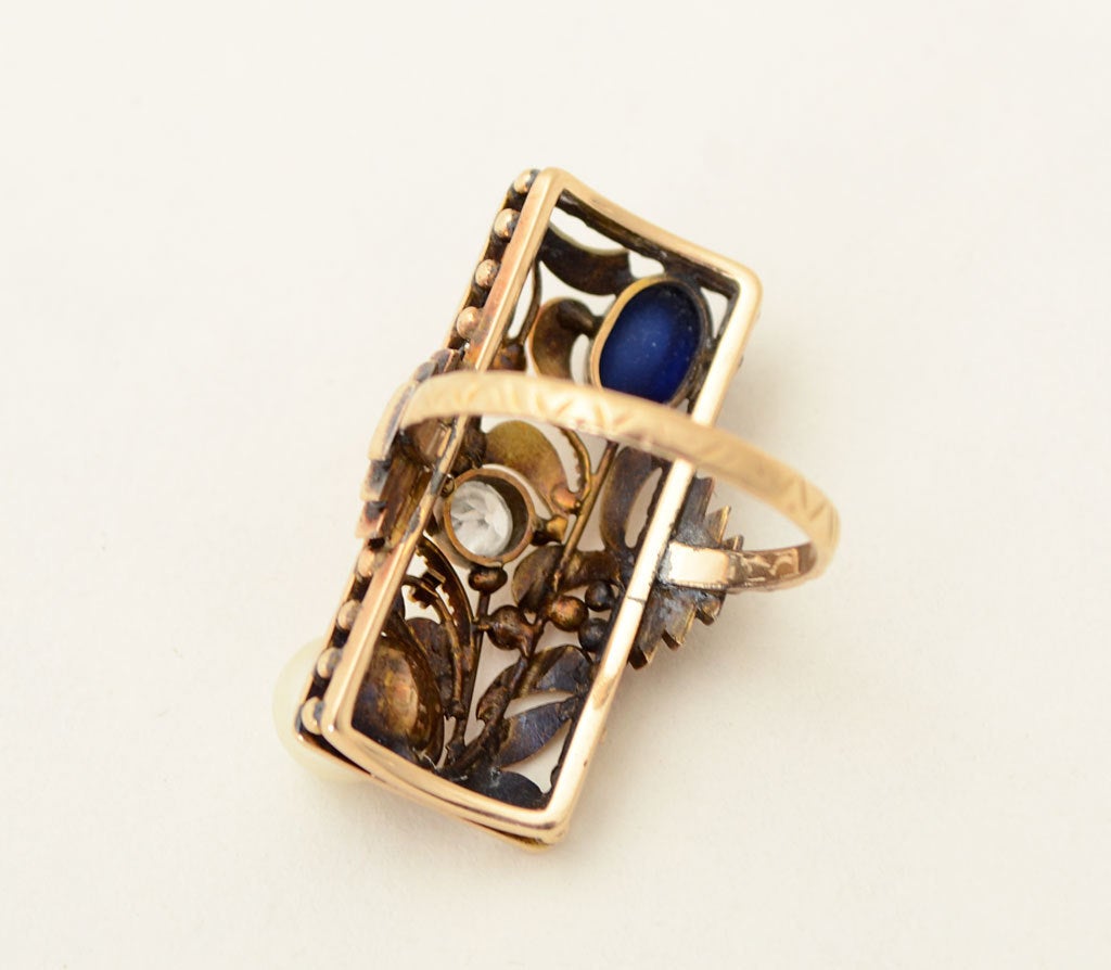 Art Nouveau Arts and Crafts Pearl Sapphire Diamond Gold Ring 