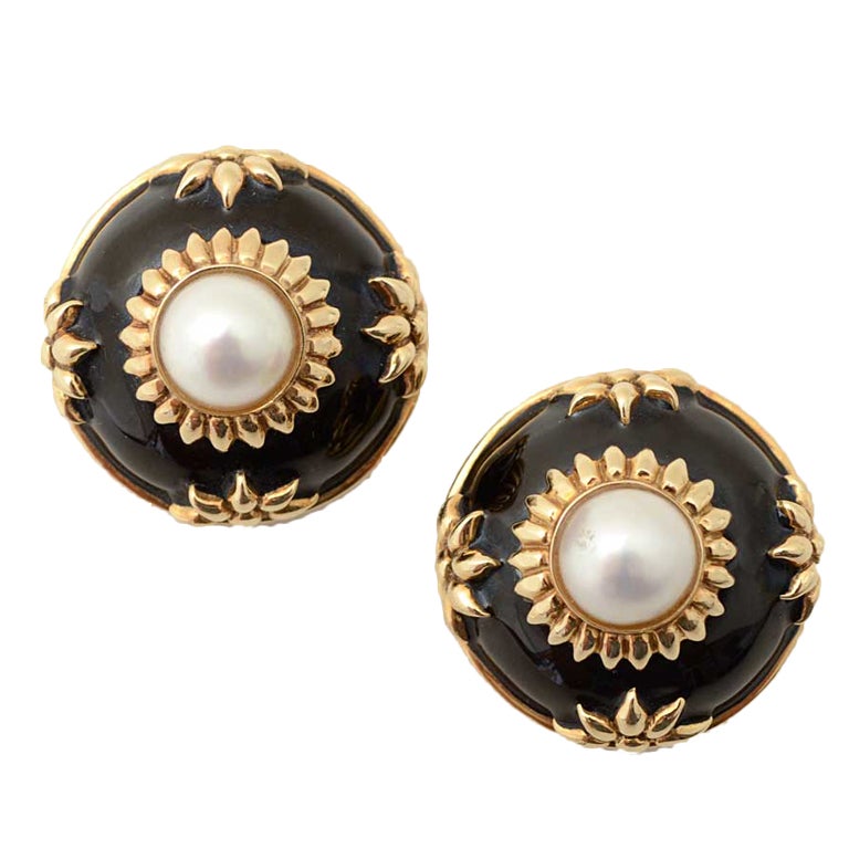 Gold, Enamel and Pearl Earrings For Sale