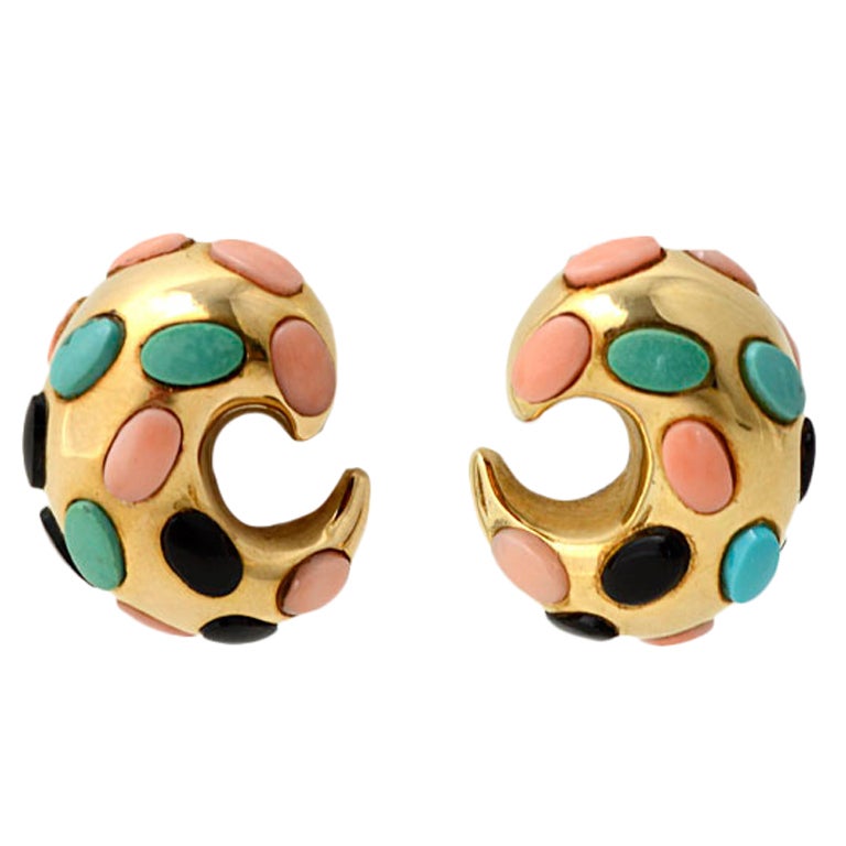 Gold Crescent Earrings with Coral, Turquoise and Onyx For Sale