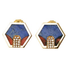 Vintage Lapis, Coral and Diamond Earrings