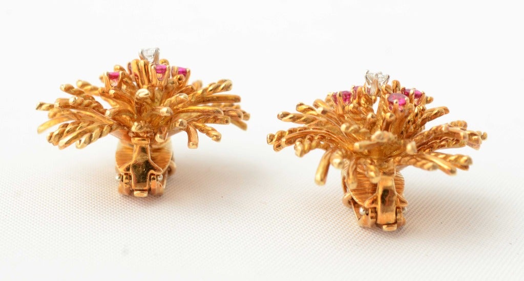 TIFFANY Gold Spray Earrings with Rubies and Diamonds In New Condition In Darnestown, MD