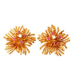TIFFANY Gold Spray Earrings with Rubies and Diamonds