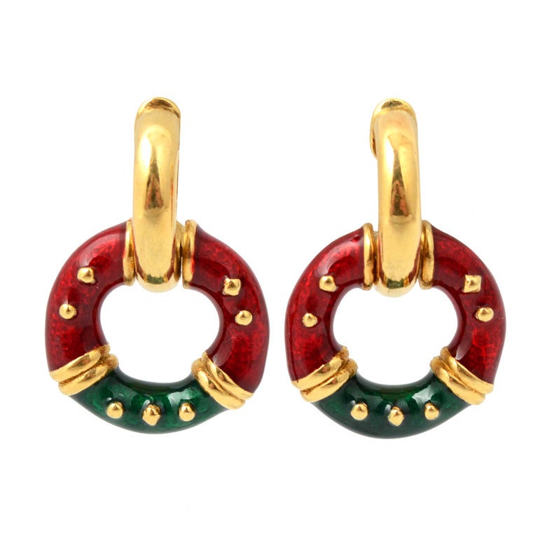 Red and Green Enamel Gold Hoop Earrings For Sale