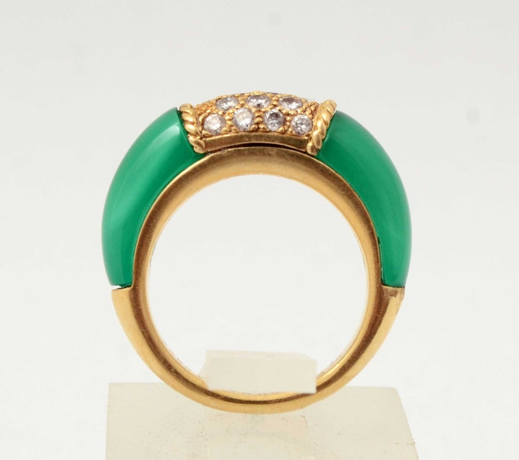 Van Cleef and Arpels Philippine ring with green agate surrounding 18 diamonds. Size 6 ; can be sized.