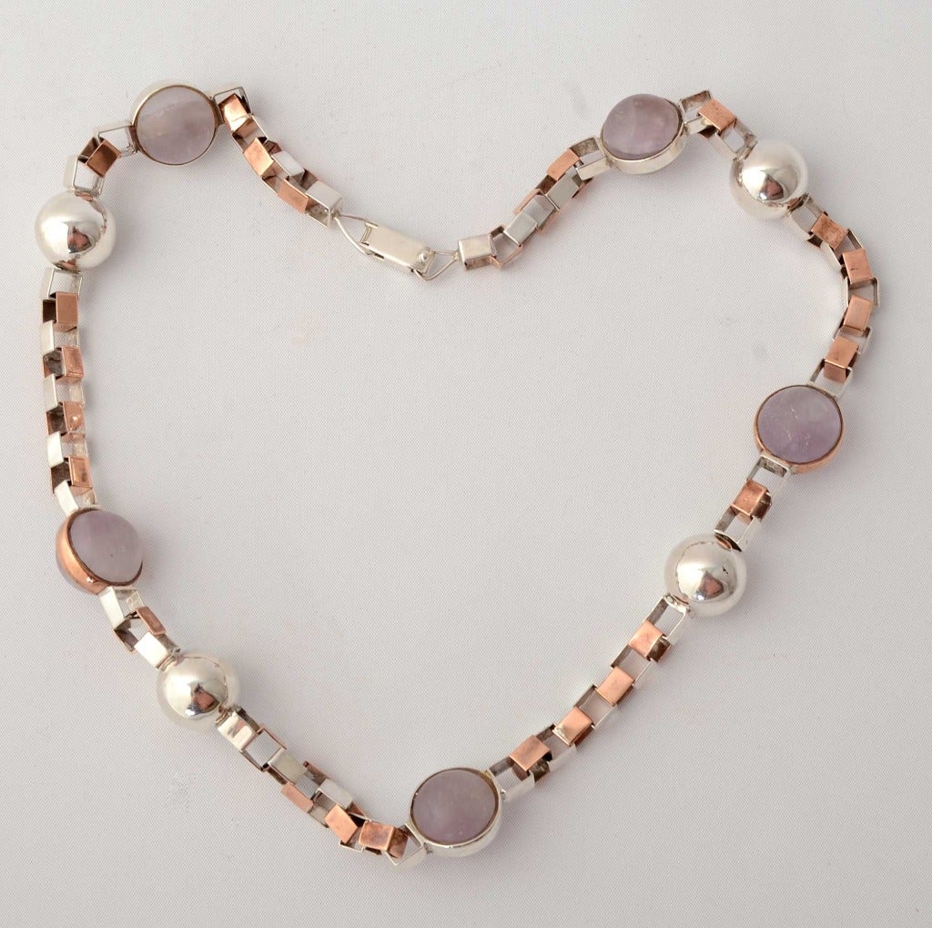 Handmade silver and copper box links necklace interspersed with balls of rose quartz. Designed by Violante Ulrich in Mexico. Violante's father purchased the Spratling ranch after Spratling's death. She grew up surrounded by the designs and craftsman