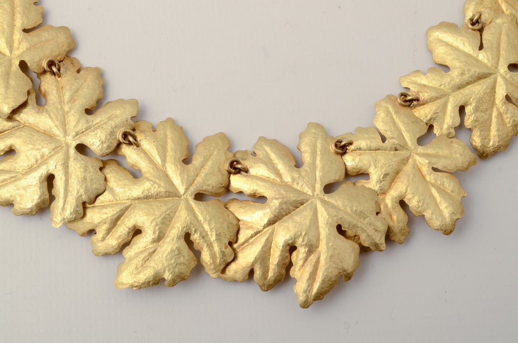 Exquisite necklace by Angela Cummings for Tiffany of graduated size gold leaves. They are beautifully hand hammered giving a light matte texture. The largest leaf is 1 9/16