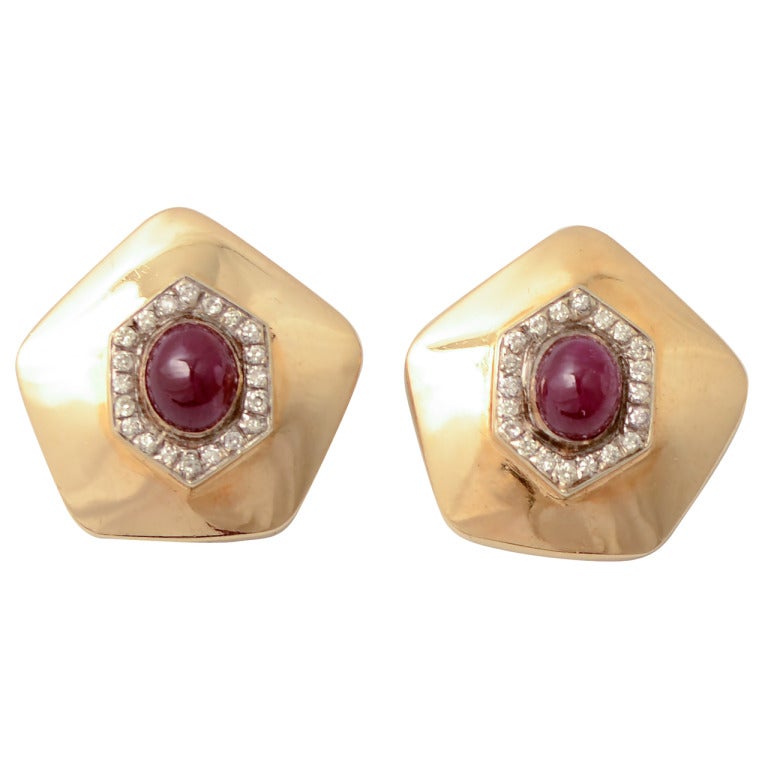 Pentagonal Ruby Diamond Gold Earrings