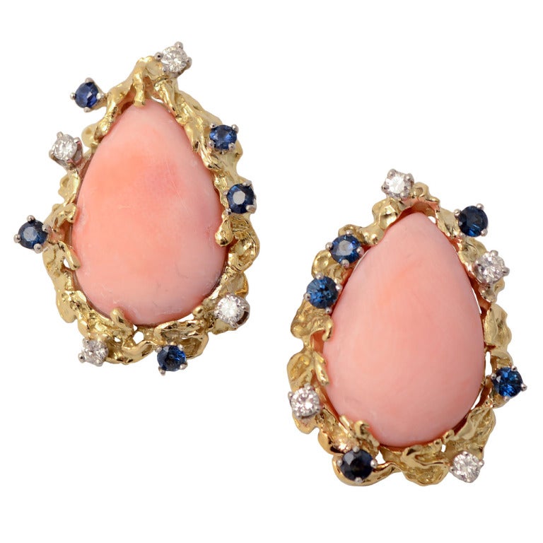 Coral Earrings with Sapphires and Diamonds