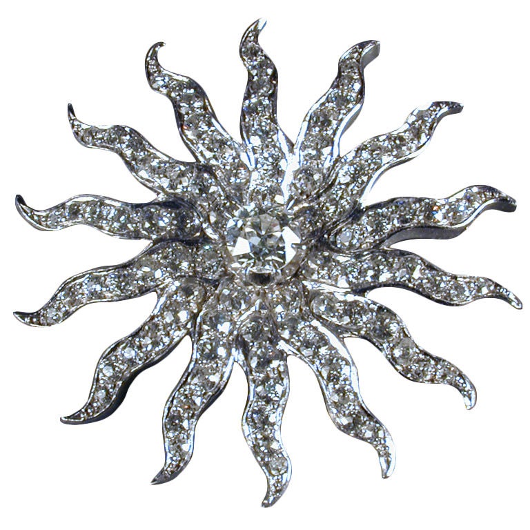 Classic American Diamond Sunburst Brooch For Sale