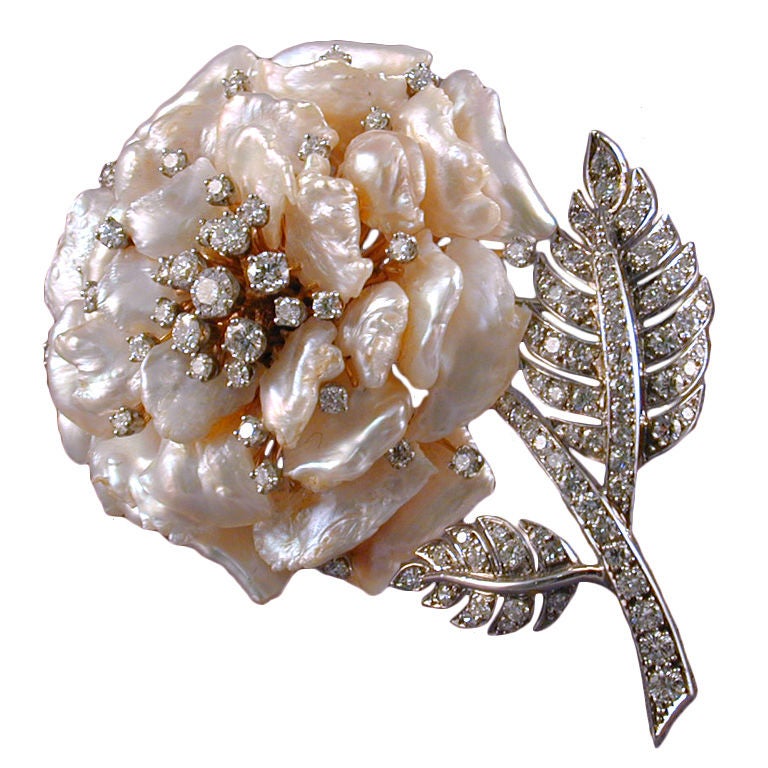 RUSER Fresh Water Pearl  Diamond Flower Brooch For Sale