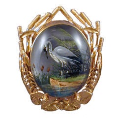 An Unusual Reverse Intaglio Crystal Egret Enameled Brooch