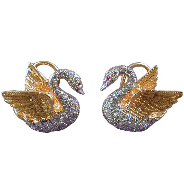 SUSAN LEE GRANT Sculptured Gold Diamond Swan Earrings For Sale