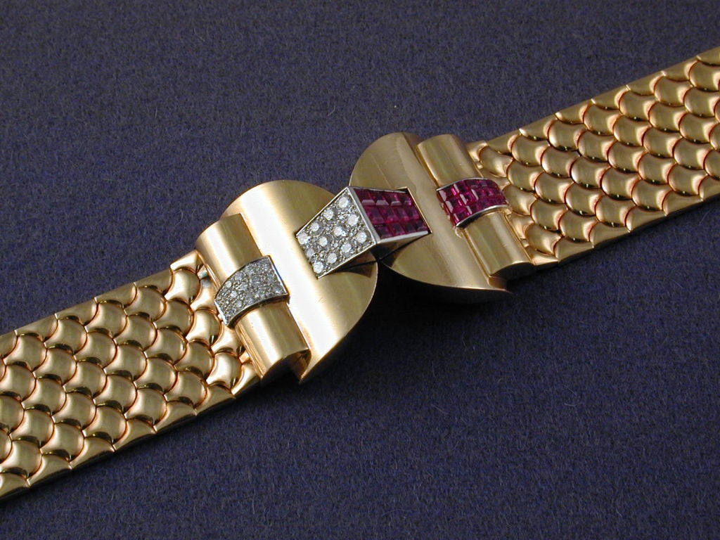 American 14kt Gold Bracelet set with Rubies & Diamonds in Platinum, made circa 1945