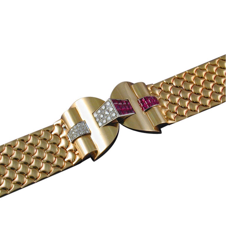 Retro Gold Ruby Diamond Bracelet For Sale