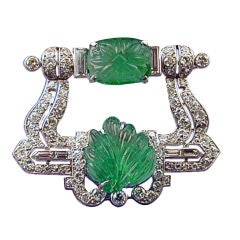 CARTIER Art Deco Carved Emerald and Diamond Brooch