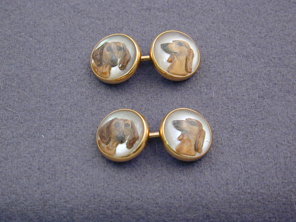 DACHSHUND Antique Reverse Intaglio Crystal  Cufflinks